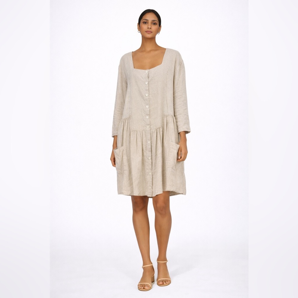 Gudrun Sjödén Linen Button Front Dress Tunic XXL Natural Flax Pockets Lagenlook - Picture 2 of 11